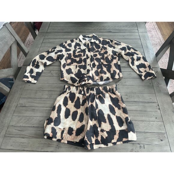 GANNI Silk Linen Leopard Print Shirt + Matching Shorts SET Size 32 XS - Picture 2 of 13